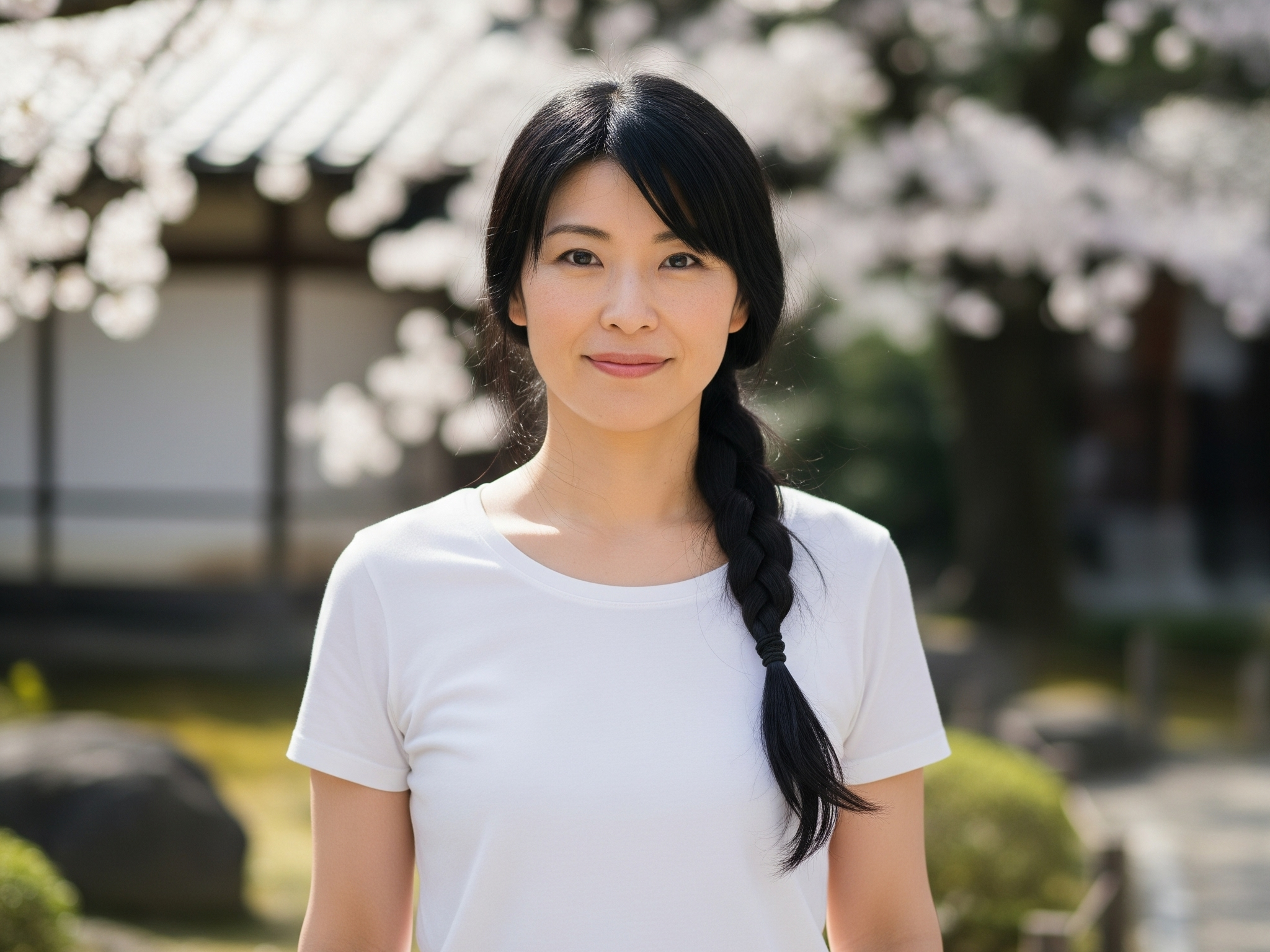 白いTシャツを着た女性の画像